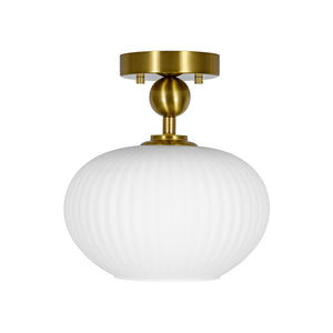 LightFixturesUSA-1-Light Frosted Ribbed Glass Round Scalloped Semi Flush Mount-Ceiling Light-9.4 in-