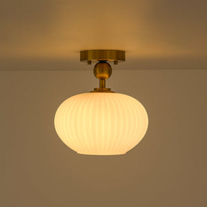LightFixturesUSA-1-Light Frosted Ribbed Glass Round Scalloped Semi Flush Mount-Ceiling Light-9.4 in-