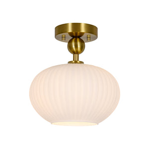 LightFixturesUSA-1-Light Frosted Ribbed Glass Round Scalloped Semi Flush Mount-Ceiling Light-9.4 in-