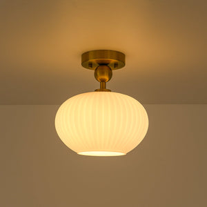 LightFixturesUSA-1-Light Frosted Ribbed Glass Round Scalloped Semi Flush Mount-Ceiling Light-9.4 in-