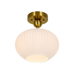 LightFixturesUSA-1-Light Frosted Ribbed Glass Round Scalloped Semi Flush Mount-Ceiling Light-9.4 in-
