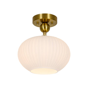 LightFixturesUSA-1-Light Frosted Ribbed Glass Round Scalloped Semi Flush Mount-Ceiling Light-9.4 in-
