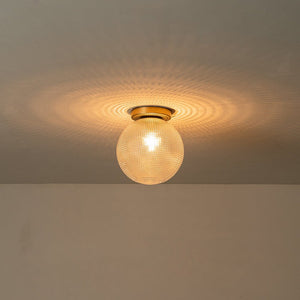 LightFixturesUSA-1-Light Grid Pattern Textured Glass Globe Semi Flush Mount-Ceiling Light-Brass-