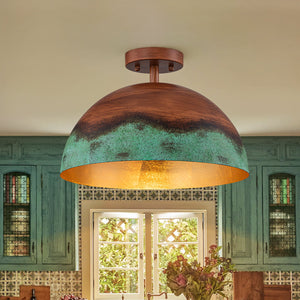 LightFixturesUSA-1-Light Industrial Copper Patina Metal Dome Semi Flush Mount-Ceiling Light-15 in-