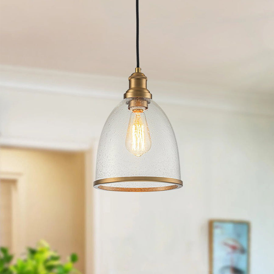 LightFixturesUSA - 1 - Light Seeded Glass Bell Dome Kitchen Pendant Light - Pendant Light - Brass - 