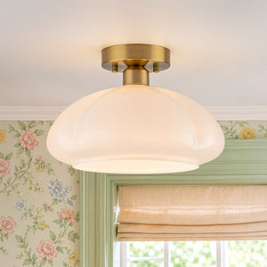 LightFixturesUSA - 1 - Light Shine Opal Glass Round Scalloped Pleated Semi Flush - Ceiling Light - 11.8 in - 