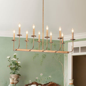 LightFixturesUSA - 10 - Light French Vintage Candle Style Linear Island Chandelier - Chandelier - Distressed Gold - 