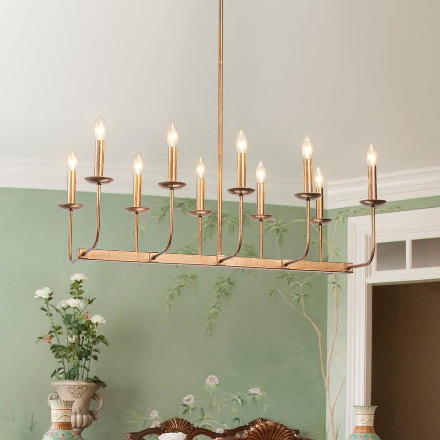 LightFixturesUSA - 10 - Light French Vintage Candle Style Linear Island Chandelier - Chandelier - Distressed Gold - 