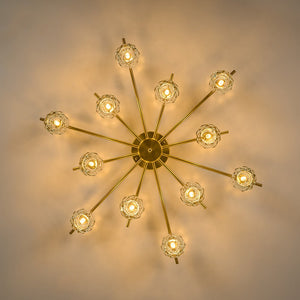 LightFixturesUSA-12-Light Brass Faceted Crystal Sputnik Semi Flush Chandelier-Ceiling Light-Brass-