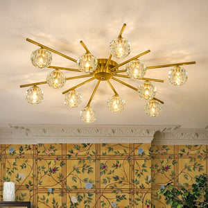 LightFixturesUSA-12-Light Brass Faceted Crystal Sputnik Semi Flush Chandelier-Ceiling Light-Brass-