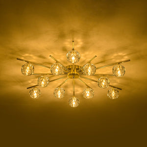 LightFixturesUSA-12-Light Brass Faceted Crystal Sputnik Semi Flush Chandelier-Ceiling Light-Brass-