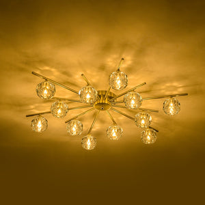 LightFixturesUSA-12-Light Brass Faceted Crystal Sputnik Semi Flush Chandelier-Ceiling Light-Brass-