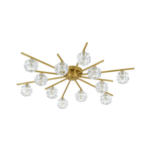 LightFixturesUSA-12-Light Brass Faceted Crystal Sputnik Semi Flush Chandelier-Ceiling Light-Brass-