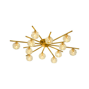 LightFixturesUSA-12-Light Brass Faceted Crystal Sputnik Semi Flush Chandelier-Ceiling Light-Brass-