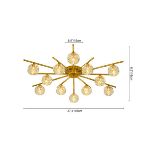 LightFixturesUSA-12-Light Brass Faceted Crystal Sputnik Semi Flush Chandelier-Ceiling Light-Brass-