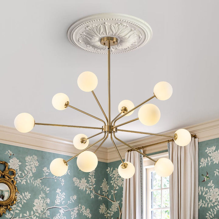 LightFixturesUSA - 12 - Light Brass Firework Opal Glass Globe Sputnik Chandelier - Chandelier - Brass - 