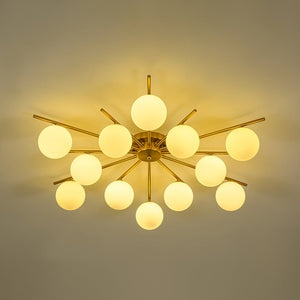 LightFixturesUSA-12-Light Brass Milky Glass Bubble Sunburst Semi Flush Chandelier-Ceiling Light-Brass-