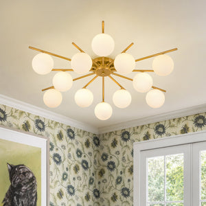 LightFixturesUSA-12-Light Brass Milky Glass Bubble Sunburst Semi Flush Chandelier-Ceiling Light-Brass-