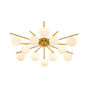 LightFixturesUSA-12-Light Brass Milky Glass Bubble Sunburst Semi Flush Chandelier-Ceiling Light-Brass-