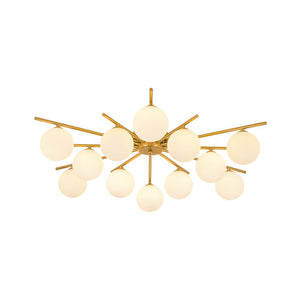 LightFixturesUSA-12-Light Brass Milky Glass Bubble Sunburst Semi Flush Chandelier-Ceiling Light-Brass-