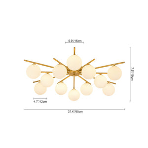 LightFixturesUSA-12-Light Brass Milky Glass Bubble Sunburst Semi Flush Chandelier-Ceiling Light-Brass-