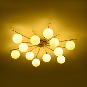 LightFixturesUSA-12-Light Brass Milky Glass Bubble Sunburst Semi Flush Chandelier-Ceiling Light-Brass-