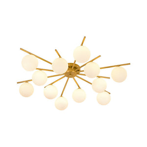 LightFixturesUSA-12-Light Brass Milky Glass Bubble Sunburst Semi Flush Chandelier-Ceiling Light-Brass-