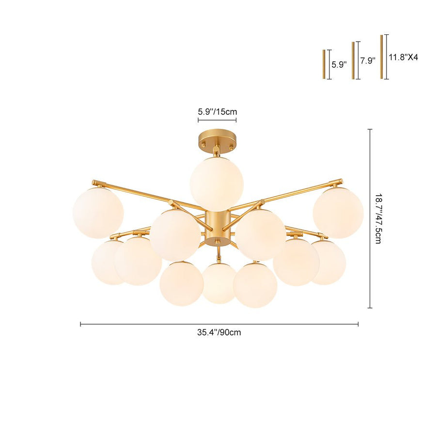 LightFixturesUSA - 12 - Light Brass Tiered Opal Glass Bubble Semi Flush Chandelier - Chandelier - Brass (Exclusive Offer) - 