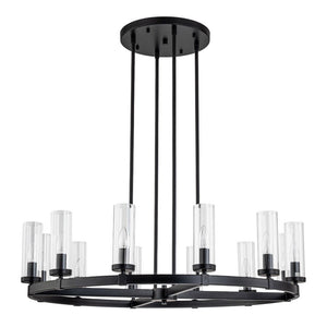LightFixturesUSA-12-Light Clear Glass Shade Wagon Wheel Chandelier-Chandelier-Black-