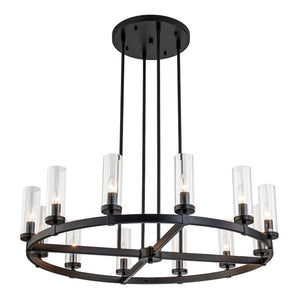 LightFixturesUSA-12-Light Clear Glass Shade Wagon Wheel Chandelier-Chandelier-Black-