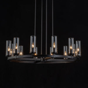 LightFixturesUSA-12-Light Clear Glass Shade Wagon Wheel Chandelier-Chandelier-Black-