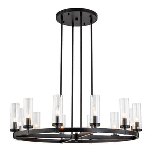 LightFixturesUSA-12-Light Clear Glass Shade Wagon Wheel Chandelier-Chandelier-Black-