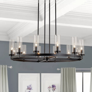 LightFixturesUSA-12-Light Clear Glass Shade Wagon Wheel Chandelier-Chandelier-Black-