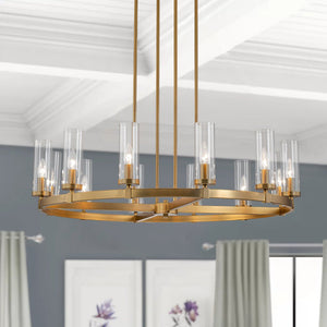 LightFixturesUSA-12-Light Clear Glass Shade Wagon Wheel Chandelier-Chandelier-Brass-
