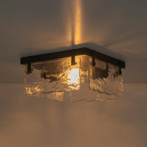 LightFixturesUSA - 2 - Light Clear Textured Glass Square Flush Mount - Ceiling Light - Black - 