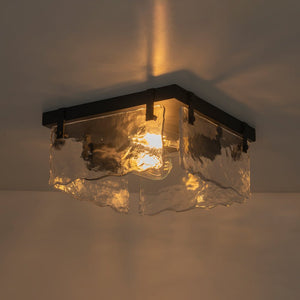 LightFixturesUSA - 2 - Light Clear Textured Glass Square Flush Mount - Ceiling Light - Black - 