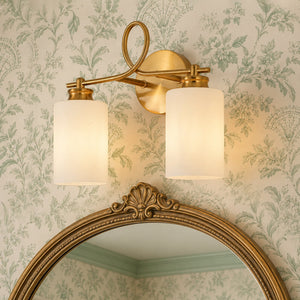 LightFixturesUSA-2-Light Frosted Glass Cylinder Looped Arm Vanity Wall Sconce-Wall Sconce-Brass-