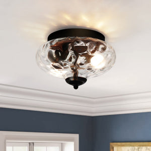 LightFixturesUSA - 2 - light Hammered Glass Flush Mount Ceiling Light - Ceiling Light - 2 - Lt - Black