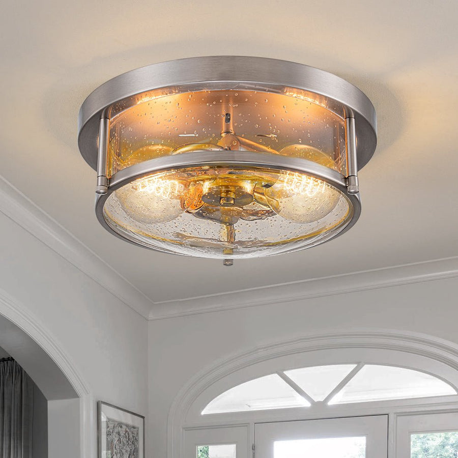 LightFixturesUSA - 2 - Light Seeded Glass Round Flush Mount Ceiling Light - Ceiling Light - Nickel - 