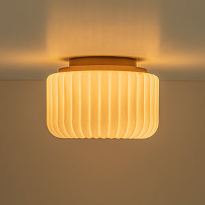 LightFixturesUSA - 2 - Light Shine Opal Ribbed Glass Drum Flush Mount - Ceiling Light - Brass - 