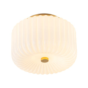 LightFixturesUSA - 2 - Light Shine Opal Ribbed Glass Drum Flush Mount - Ceiling Light - Brass - 
