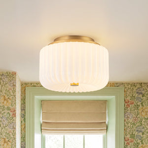 LightFixturesUSA - 2 - Light Shine Opal Ribbed Glass Drum Flush Mount - Ceiling Light - Brass - 