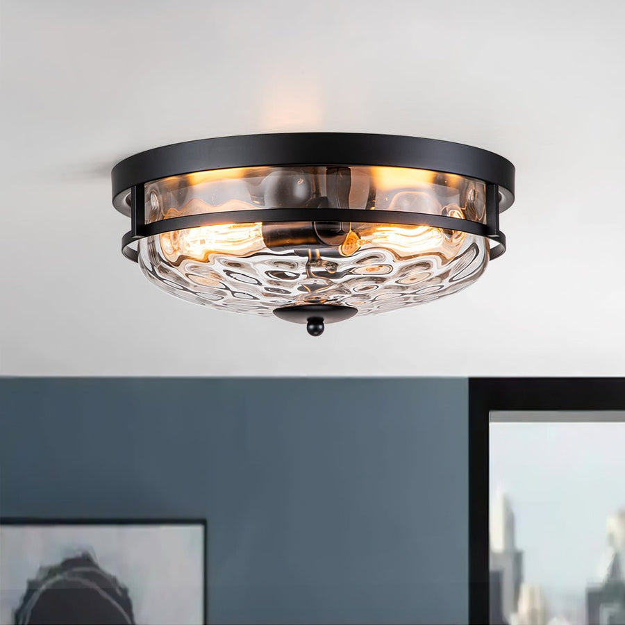 LightFixturesUSA - 2 - Light Water Glass Round Flush Mount Ceiling Light - Ceiling Light - Black - 