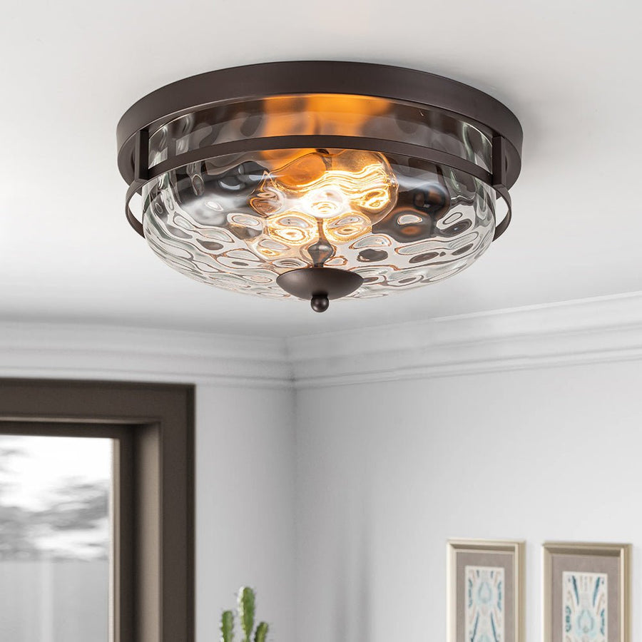 LightFixturesUSA - 2 - Light Water Glass Round Flush Mount Ceiling Light - Ceiling Light - Oil Rubbed Bronze - 