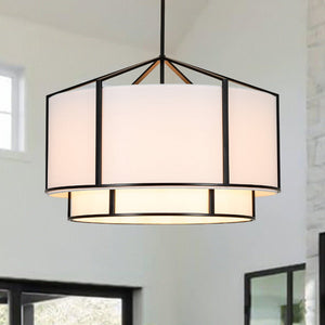 LightFixturesUSA - 2 - Tier Large White Fabric Drum Cage Chandelier - Chandelier - 28 in - 