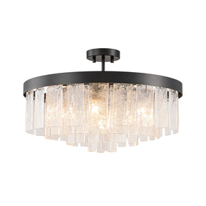LightFixturesUSA-23.6” Tiered Hammered Water Glass Round Semi Flush Mount Chandelier-Chandelier-Black-