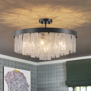 LightFixturesUSA-23.6” Tiered Hammered Water Glass Round Semi Flush Mount Chandelier-Chandelier-Black-