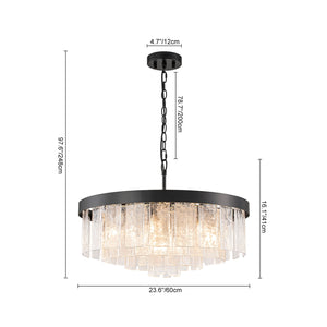 LightFixturesUSA-23.6” Tiered Hammered Water Glass Round Semi Flush Mount Chandelier-Chandelier-Black-