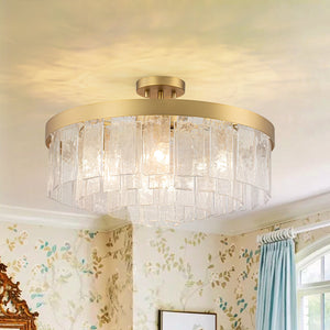 LightFixturesUSA-23.6” Tiered Hammered Water Glass Round Semi Flush Mount Chandelier-Chandelier-Brass-