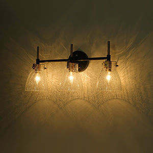 LightFixturesUSA - 3 - Light Black Brass Bell Glass Shade Vanity Wall Lamp - Wall Sconce - Clear - 